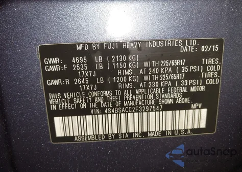 2015 Subaru Outback 2.5I Premium from USA, damaged, VIN 4S4BSACC2F3297547